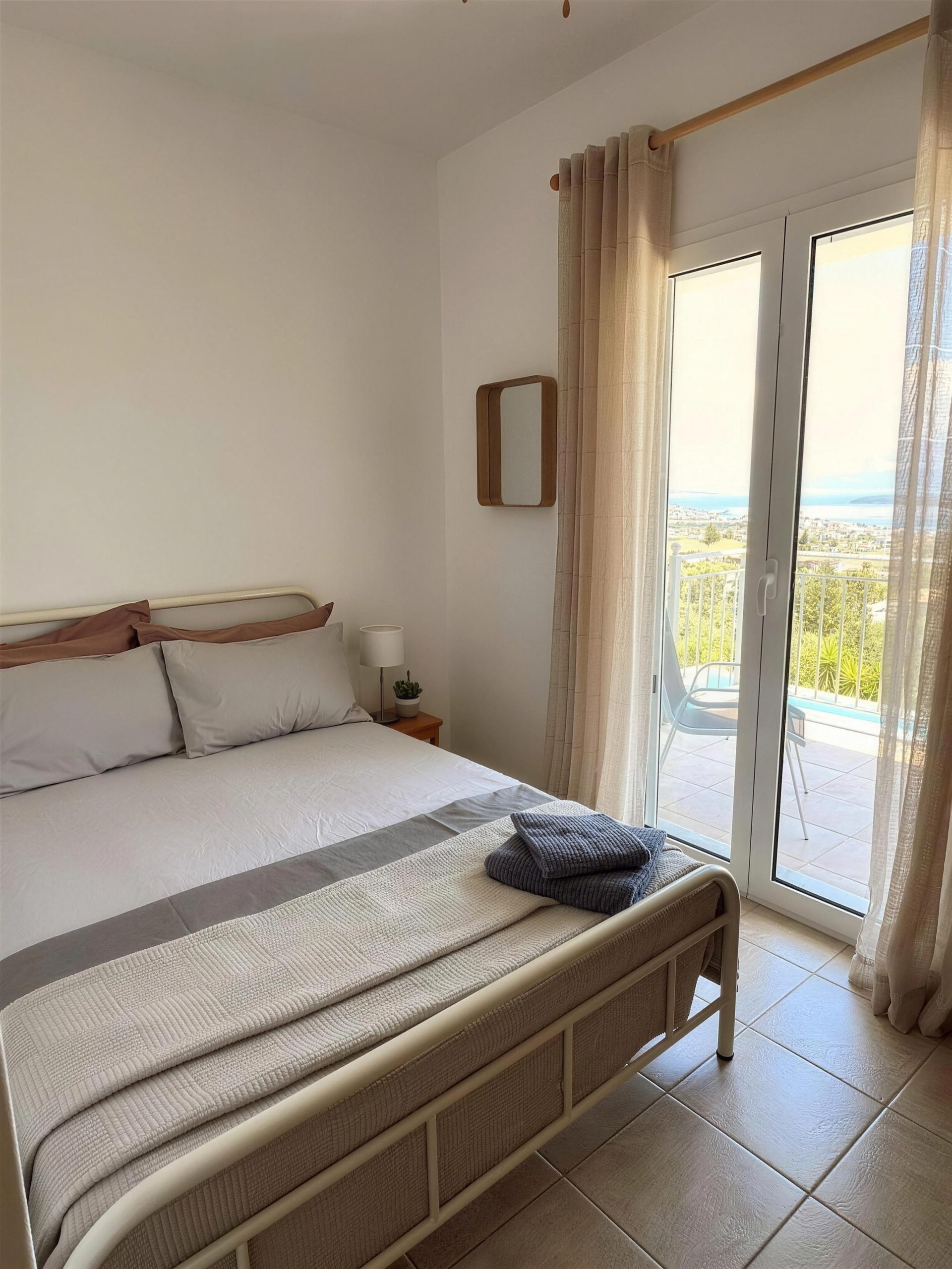 A double bed beside balcony doors standing open over the pool and the bay