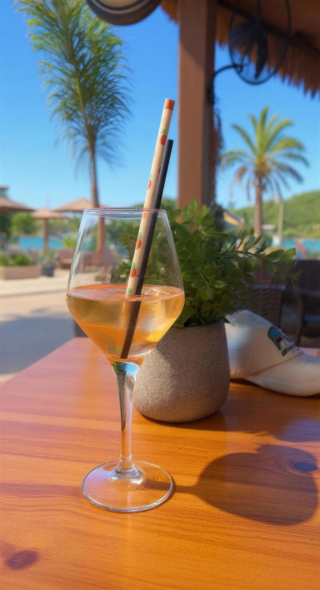 A glass of chilled white on the terrace table, the palms and the sea behind